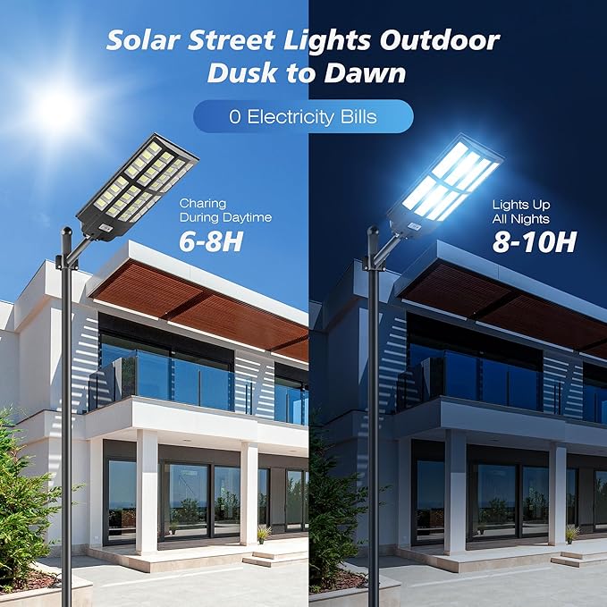 8000W Solar Street Lights Outdoor - Wide Angle Solar Lights Outdoor Dusk to Dawn, Commercial Parking Lot Light Motion Sensor with Remote Control, 7000K LED Street Light IP66 Waterproof