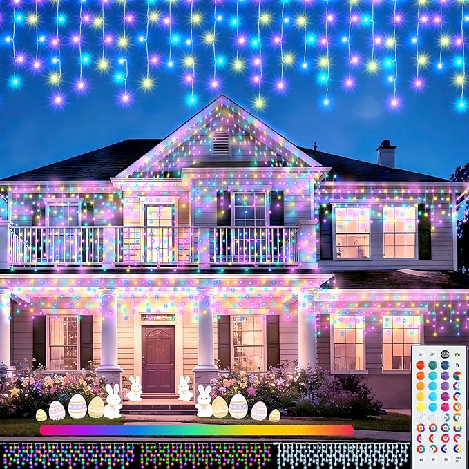 Pooqla Color Changing Icicle Lights with Remote, 35 Colors Christmas Icicle Lights, 300 LED 48FT RGB Waterproof Hanging String Lights for Roof Window Home Party Easter Outdoor Decor