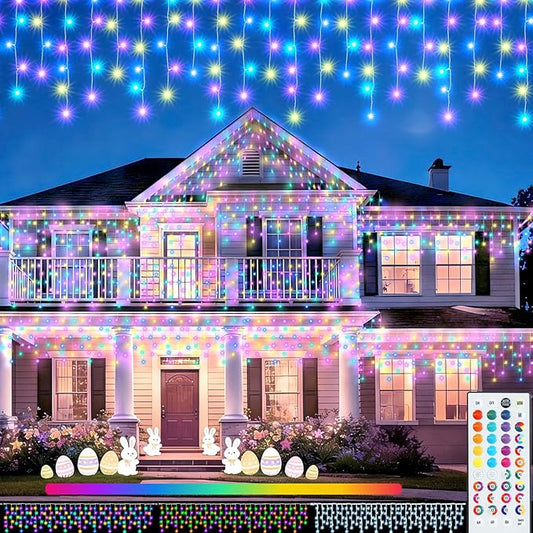 Pooqla Color Changing Icicle Lights with Remote, 35 Colors Christmas Icicle Lights, 300 LED 48FT RGB Waterproof Hanging String Lights for Roof Window Home Party Easter Outdoor Decor
