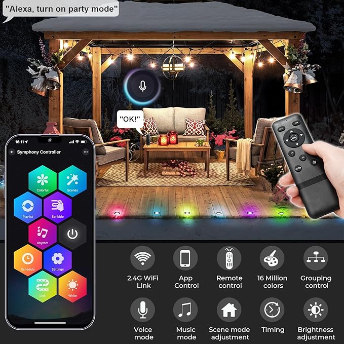 LED Deck Lights Kit, 20 Pack 1.77" RGBW+IC Multicolor Dynamic Low Voltage Recessed Landscape Lights, IP67 Waterproof 12V Step Light Outdoor for Garden Yard Path Ground Stairs, Work with Alexa/Google