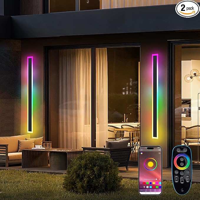 Outdoor RGB Long Wall Lights, 31.5inch 2 Pack RGB/Warm/White Dimmable Modern Led Wall Lighting, Ip65 Waterproof Long Wall Sconce with Remote and APP Control for Outdoor/Indoor