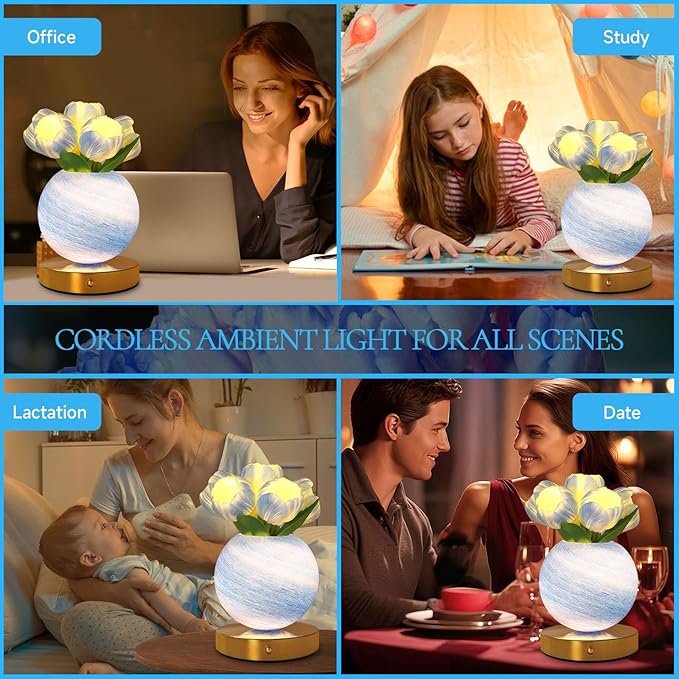Tulip Table Lamp, Rechargeable Cordless Touch Dimming Artificial Tulip Flower Desk Lamp, LED Flower Bedside Night Light Romantic Gifts for Girl Women Mom (Blue Tulip)