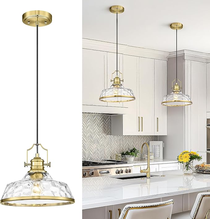 kudos Gold Pendant Lights Kitchen Island, 11" Brass Kitchen Island Lighting with Clear Hammered Glass Shade, Farmhouse Hanging Light Fixture for Kitchen Sink Dining Room Hallways, KDPL13-GD-H