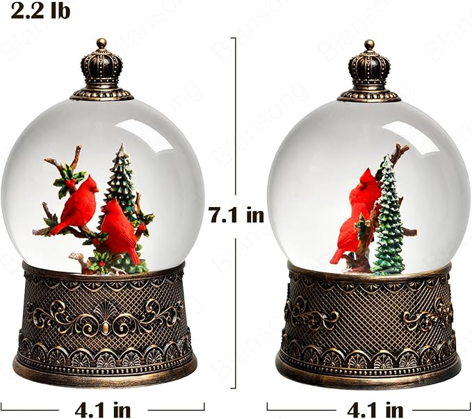 Cardinal Snow Globes Christmas Decorations Auto Snowfall Glitter Music Collection Tree with 6H Timer USB/Battery Powered 105mm Globe