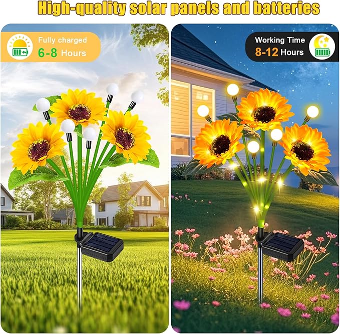 6 Pack Solar Sunflower Lights Outdoor Garden Decor, Upgraded with Firefly Lights, Waterproof Solar Flower Stake for Outside Yard Lawn Backyard, Gardening Gifts for Women Mom Grandma