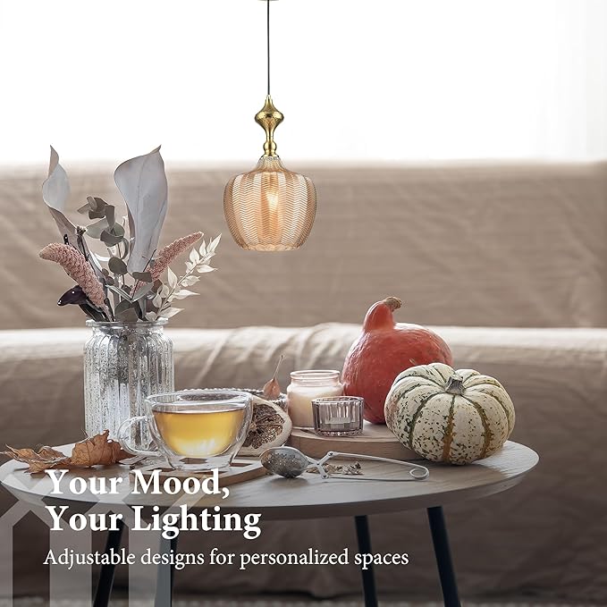 Modern Glass Pendant Light, 9.5"x16.5" Amber Sunset-Striped Light Fixture with Gold Cap, 15"-72" Adjustable Line, E26 Socket for Kitchen Island or Hallway – Sunset Gold Tulip