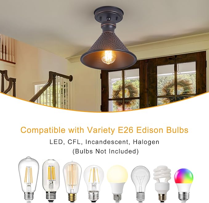 9.2" Industrial Semi Flush Mount Ceiling Light,Vintage Hammered Pattern Cast Aluminum Shade,1-Light E26 Classic Lamp,Oil Rubbed Bronze Farmhouse Lighting for Hallway Kitchen Entryway.