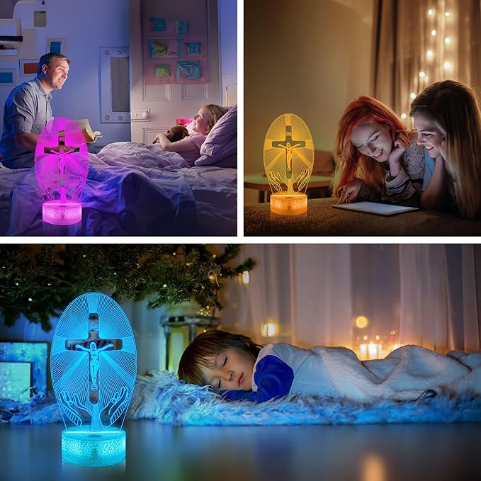 Cross 3D Illusion Lamp, Christian Gifts for Religious Women, Jesus Cross Night Light for Easter Holiday Blessed Gifts Bedroom Decoration