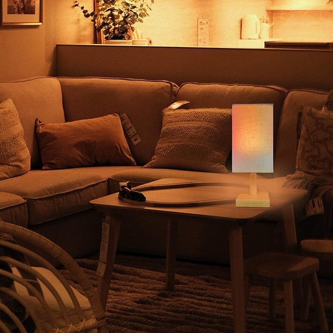 Wireless Bedside Table Lamp with 2 Pcs E26 RGB Rechargeable Battery Bulb, Remote Control, Dimmable, Timer, Cylindrical Fabric Light for Living Room, Bedrooms, Reading, Night Lighting