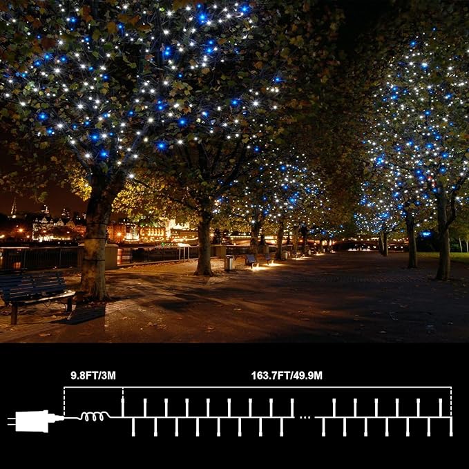 LAMPHOME 165ft Christmas Decorative Mini Lights, 500 LED Transparent Wire Fairy Starry String Light Plug in, 16Lighting Modes for Indoor Outdoor Xmas Tree Wedding Party Decoration (White and Blue)