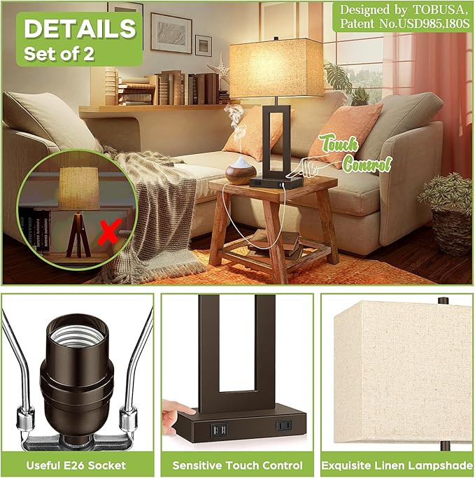 Set of 2 Touch Control Table Lamps with 2 USB Ports&AC Outlet, 3-Way Dimmable Modern Nightstand Lamp Sets, Brown Bedside Desk Lamps for Bedroom Living Room End Tables, Bulbs Included, Cream Shade