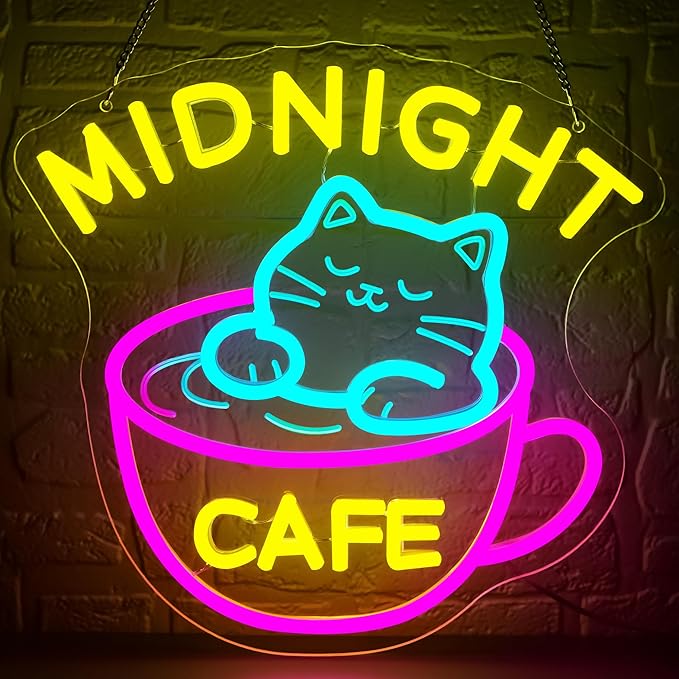 Midnight Coffee Cat Neon Sign for Wall Decor Dimmable Cafe LED Light Sign for Business Coffee Bar Decor Cute Cat Cafe Signs for Shop Bar Kitchen Home USB Powered Light Up Sign Size 13 * 12.6in(P088)