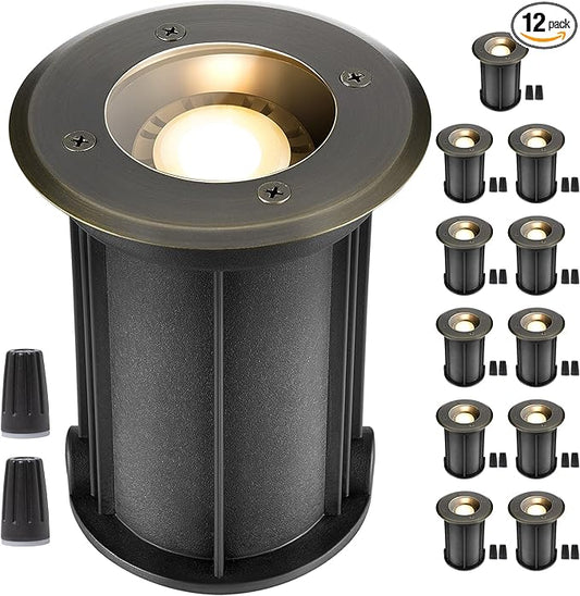 Gardenreet Landscape Well Lights Brass - Ip65 Electric Hardwired Low Voltage In Ground Lighting, LED 12V Waterproof Directional Fixture, Antique Bronze for Tree Pathway Wall Without MR16 Bulb