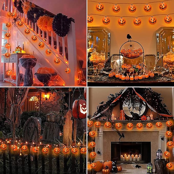 8.5FT Halloween Jack-O'-Lantern String Lights with 10 Orange Pumpkin Bulbs, Black Wire Hanging Lights for Outdoor and Indoor Halloween Party Decor