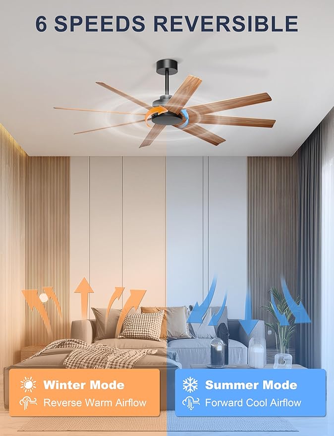Ohniyou 60'' Ceiling Fan No Light - 8 Blades Modern Farmhouse Ceiling Fan Remote/APP Control, Covered Outdoor Ceiling Fan for Patio, Living Room, Black+Wood Color