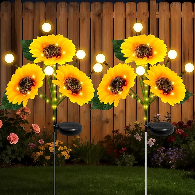 Sunflower Solar Lights Outdoor, 2 Pack Sunflowers with Firefly Lights, Waterproof Solar Flower Lights with 1000mAh Battery for Patio Porch Lawn, Gifts for Mom Women Grandma, Yard Decorations Outdoor
