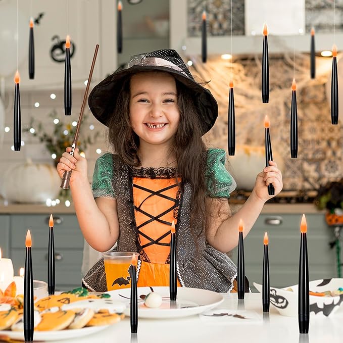 Floating Candles with Wand, Magic Halloween Decorations 10pcs Black Flameless Candles with Remote LED Battery Operated Candle for Halloween Decor Gift 6.1in