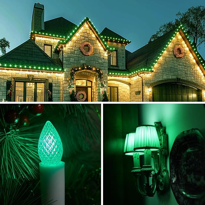 Minetom 25 Pack C7 LED Christmas Lights Bulbs, Shatterproof Replacement for String Lights, E12 Candelabra Base, Commercial Grade Dimmable Holiday Bulbs, Green