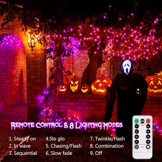 ZAIYW Halloween Fairy Lights Battery, 4 Pack 16.5Ft 50 LED Fairy Lights with Remote Control Timer 8 Modes, Black Copper Wire Twinkle Lights for Indoor Outdoor Halloween Decor (Purple Orange)