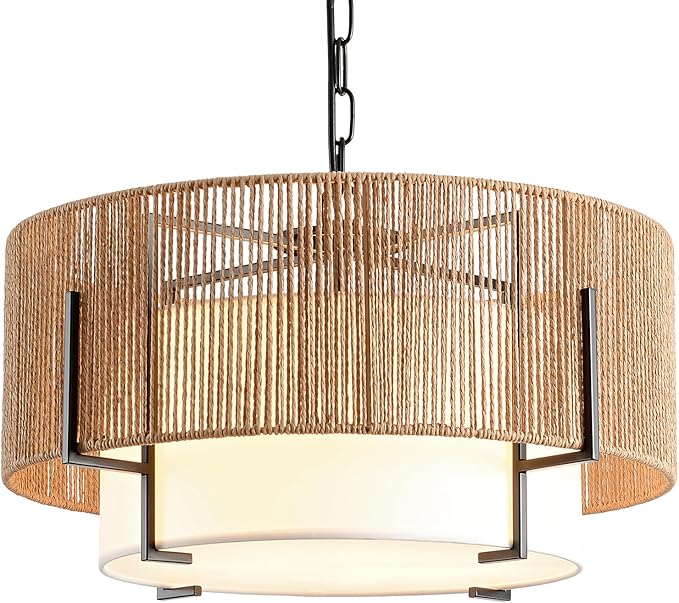 4-Light Rattan Chandelier, 19.7" Boho Pendant Light with Fabric Shade, Farmhouse Rattan Hanging Ceiling Light Fixture for Dining Room, Living Room, Kitchen Island, Bedroom, Hallway, Foyer