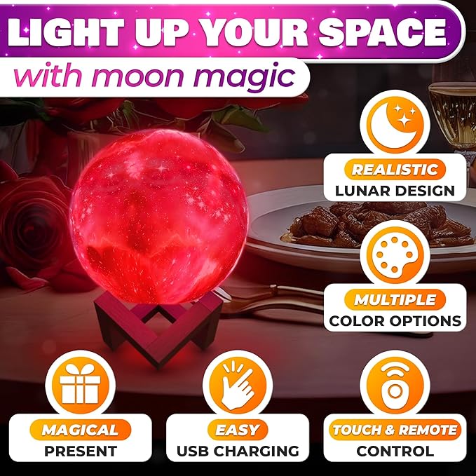LED Galaxy Lamp 5.9" - 16 Colors, 4 Modes Mesmerizing 3D Moon Lamp with Touch & Remote Control, Wooden Stand, USB Charging - Printed Moon Night Light with Realistic Design | Party in The Dark Decor