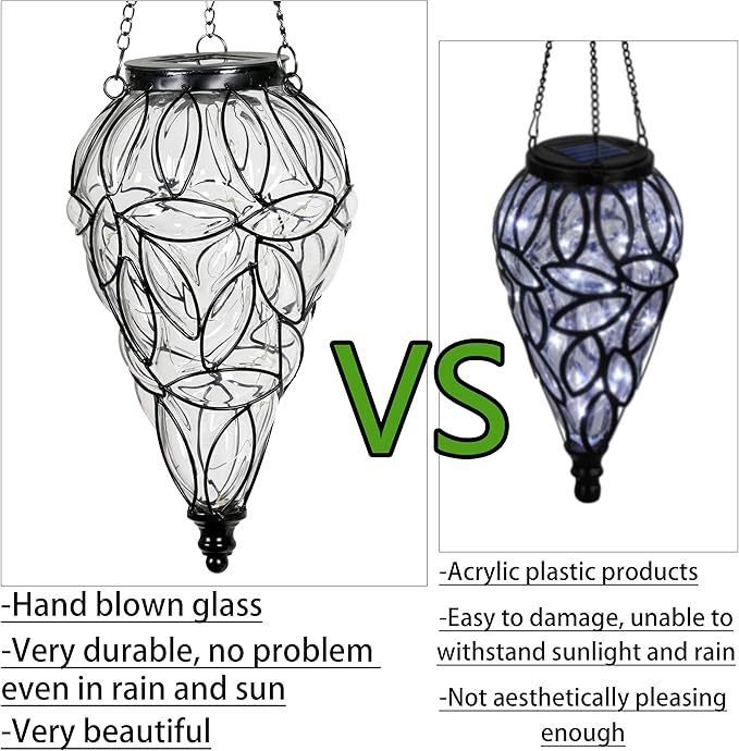 Solar Hanging Lantern Outdoor Garden Lights, Tear-Shaped Glass and Metal Hanging Lantern, 15 Firefly LED Lights, 7 x 24 Inch (Clear)