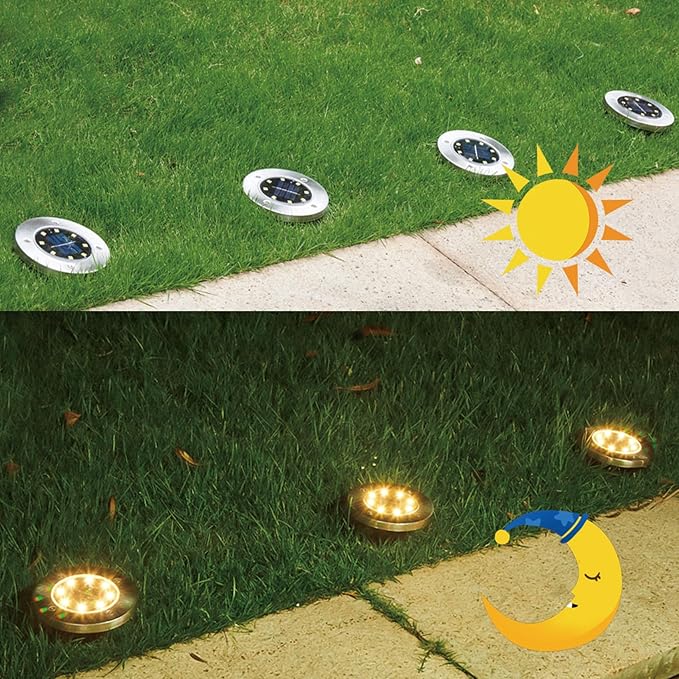 Outdoor Solar Powered Ground Lights Bright 8 LED Waterproof In-ground Disk Puck Flat Garden Path Lights for Landscape Outside Patio Pathway Walkway Driveway Yard Backyard Lawn Decoration 8 PACK