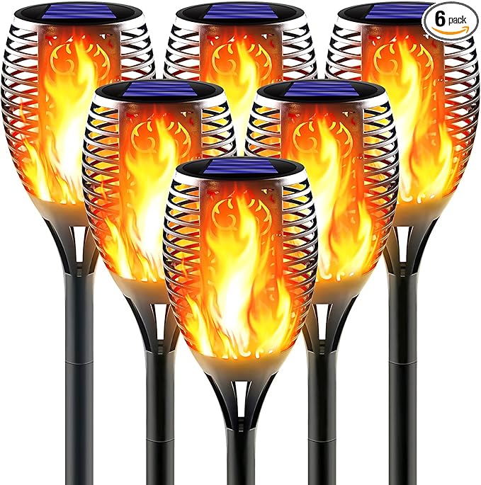 Large Solar Torch Light with Flickering Flame, 6 Pack Upgraded Outdoor Decorative Solar Tiki Torches - Super Bright LED Landscape Lighting for Yard, Garden, Patio & Pathway Decor, Auto On/Off