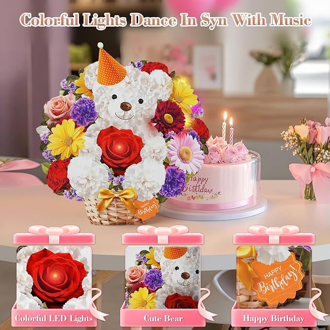 Birthday Cards with MUSIC & LIGHTS, Happy Birthday Card, Bear & Daisy, 10 Inch Life Sized Forever Flower Bouquet 3D Pop Up Greeting Card for Wife Mom Daughter Grandma Women