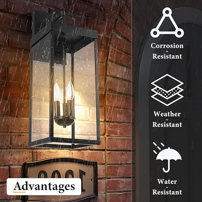 Outdoor Wall Sconce Light, 24 Inch Tall Transitional Exterior Wall Bracket Lighting with Clear Glass, Anti-Rust Powder Coat Black Modern Outside Carriage Lantern Lamp for Porch Garage Patio