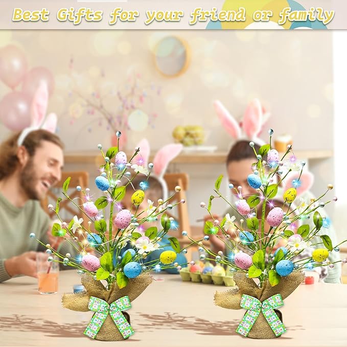 Lighted Easter Decorations 20'' Egg Tree for Tabletop Decor, Timer Egg Tree Ornaments, Easter Artificial Tree for Centerpiece Table Indoor Outdoor Spring Home Decorations