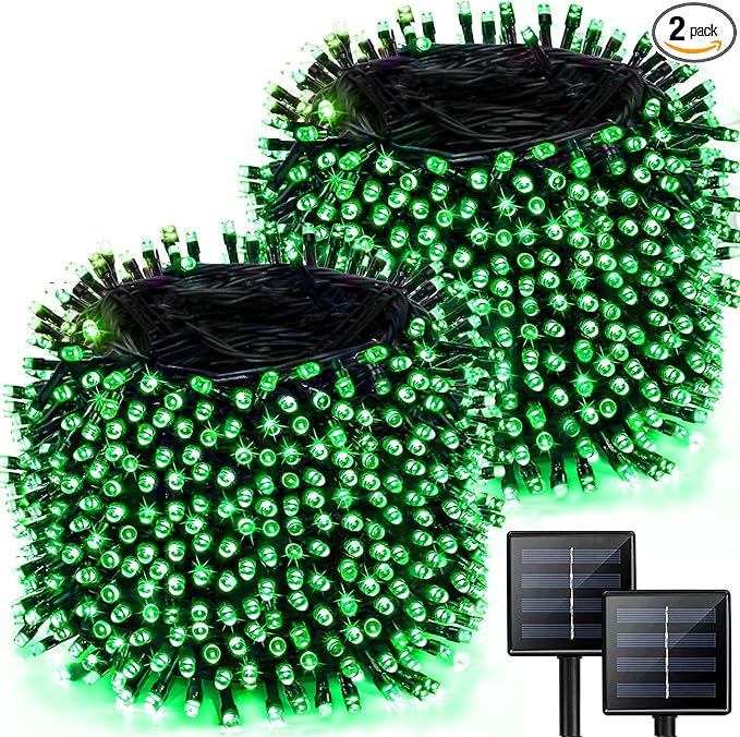 2 Pack 480 LED Solar Chrismas Lights Outdoor, Solar String Lights for Outside with 8 Modes & Memory Function, Waterproof Twinkle Light for St Patrick's Day Xmas Tree Yard Party Decorations (Green)