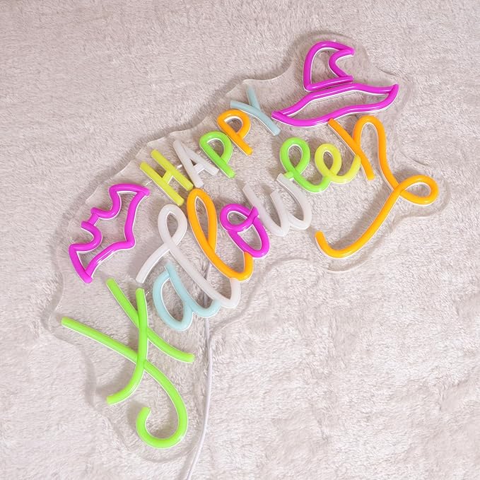 Happy Halloween Neon Sign Colorful LED Wall Decor with Bats & Witch Hat Design Neon Lights for Spooky Party, Home, Bar, or Window Decoration - Halloween Glow Light for October 31