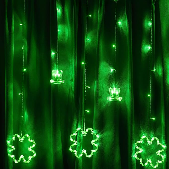 Dazzle Bright St Patrick Day Lights, 174LED 9FT Green Hat and Shamrock Curtain String Lights with 8 Modes, Plug in St Patrick Decorations for Indoor Window Outdoor Party Decor (Green)