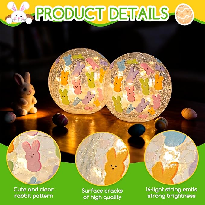 2 Pcs Easter Lighted Glass Ball Decorations - 3.9inch Easter Bunny Crackle Pattern LED Lights Eggs with Timer, Light Up Egg Lamp Table Easters Decor Decorative Snow Globe for Holiday Garden Party Gift