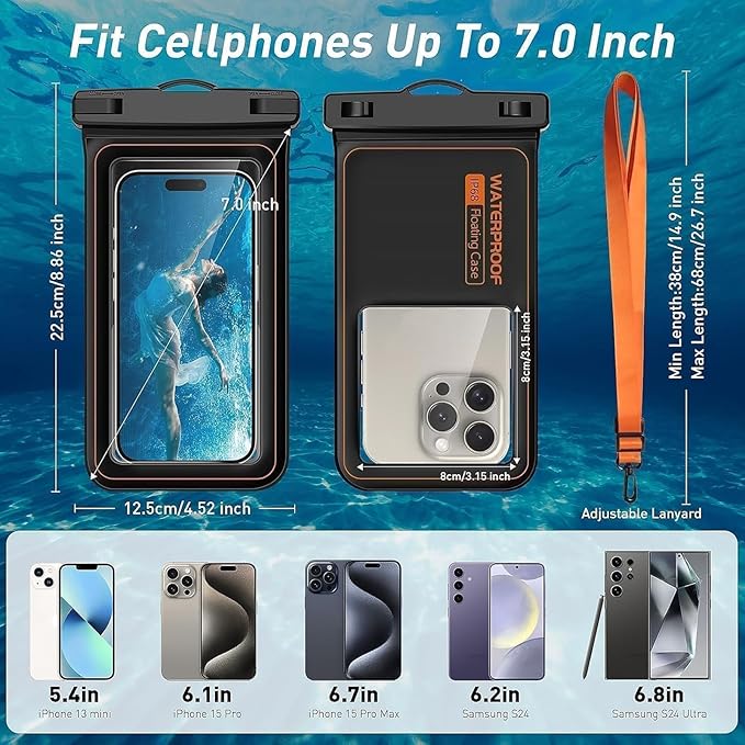 Marine IP68 Waterproof Phone Pouch, Floating Waterproof Dry Bag Compatible for iPhone 17 16 15 14 13Pro Max Plus Up to 7",Cellphone Cruise Essentials Must Haves, 1 Pack- Black/Hi-Vis Orange