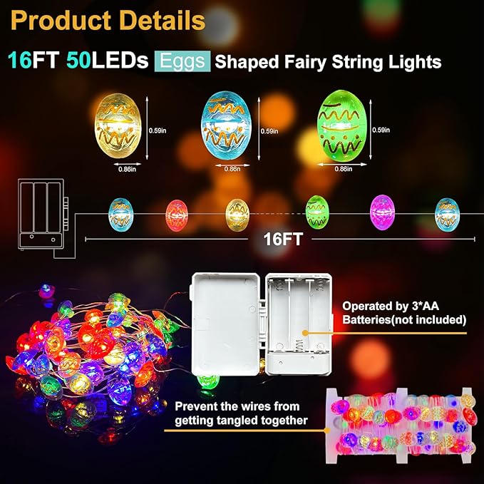 ZGWJ Easter String Lights Outdoor, 1 Pack Easter Eggs Lights Battery Operated 16ft 50LED Waterproof Decorations Indoor Home Bedroom Spring Party Decor