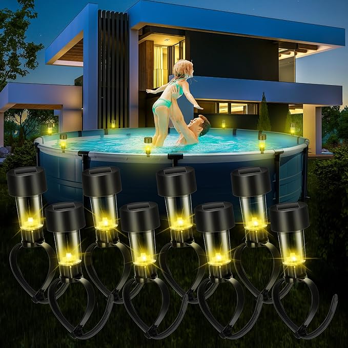 VIHOSE Pool Solar Lights for Framed Above Ground Pools Waterproof Solar Light Outdoor Swimming Pool Fence Decorations Pool Accessories Night Lights (Warm Light,8 Pcs)