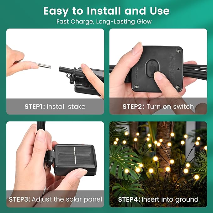 Solar Garden Lights, LED Swaying Solar Lights Outdoor Waterproof, Warm White Firefly Outdoor Decorative Lights, Garden Decor, Yard, Patio, Pathway Decoration Gardening Gifts (2 Pack)