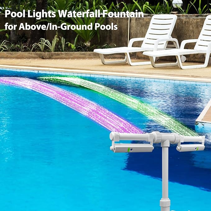 Solar Pool Fountain with Lights, 7 Color Changing Pool Light with Remote & Timer, Dimmable Dual-Head Adjustable Pool Sprinkler Waterfall Fountain, Pool Decor for Above-Ground In-Ground Pools (Solar)
