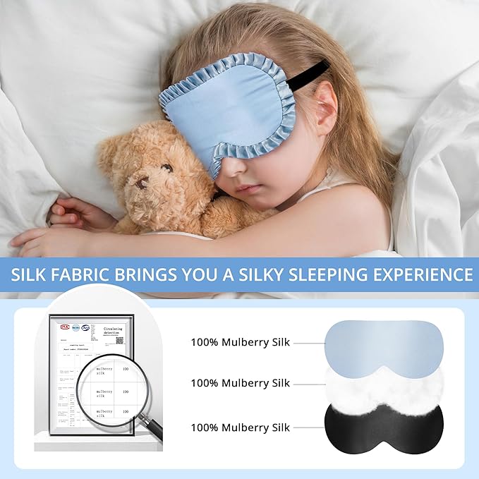 Kids Sleep Mask, 100% Real Mulberry Silk Eye Mask, Sleeping Mask for Kids with Adjustable Elastic Band, Soft & Light Blocking Eye Cover Gift for Boys Girls Teens Age 5+ (Blue)