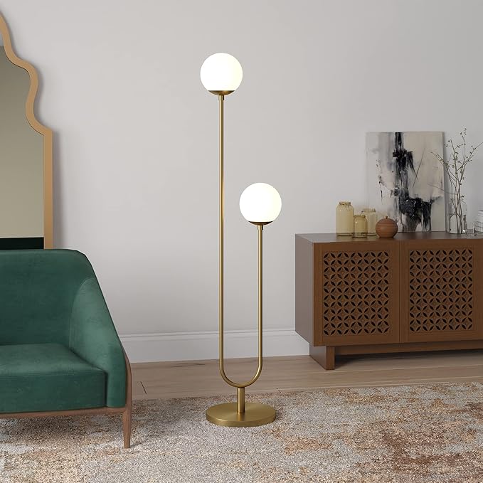 Henn&Hart 68.5" Mid-Century Modern 2-Light Floor Lamp with White Milk Glass Globe Shade for Living Room, Bedroom, or Office, Gold