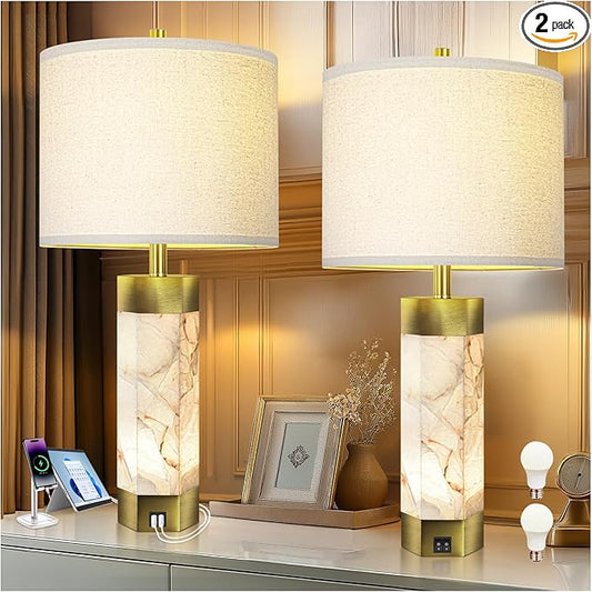 Natural Alabaster Table Lamps Set of 2,Table Lamp with Night Light for Living Room,Nightstand Lamp with USB Ports,Bedside Lamp with Linen Fabric Shade for Bedroom,Living Room,Office,Bar(Bulb Included)