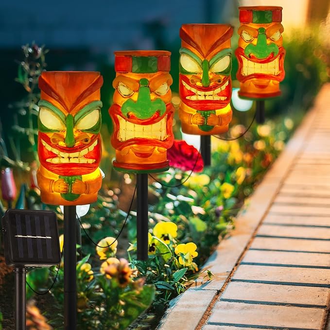 4 Pcs Tiki Solar Light Decor Waterproof Tiki Statues for Outdoor Hawaiian Party Solar Light for Luau Birthday Party Tropical Bar Christmas Garden Yard Decor(Cute)