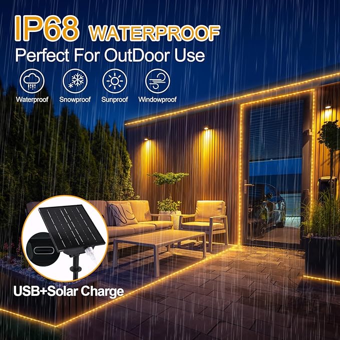 OMIKA 100ft 1200 LEDs Solar Rope Lights, USB Charging, 20 Lighting Modes, Dimmable Timer Remote Control, IP68 Waterproof for Outdoor Trees, Parties, Gardens, Weddings, Christmas Decorations