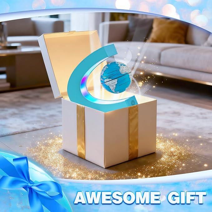 Flagest Magnetic Levitation Floating Globe, Levitating C Shape Globe with Cyan Frame and LED Lights for Education Home Office Desk Decor, Holiday Anniversary Creative Gift(3.3 Inches)