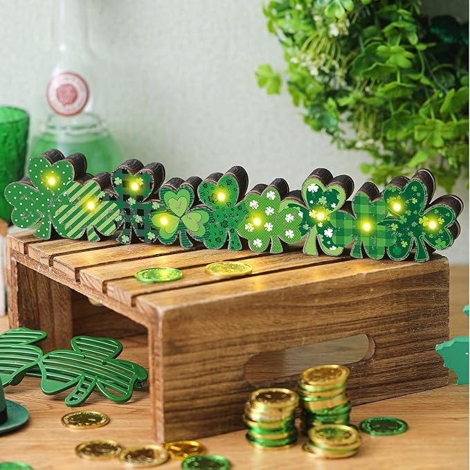 Yousoontic St. Patrick's Day Shamrock Decor Table Centerpieces Wooden Shamrock Sign Decorations with LED Lights Block Irish Farmhouse Green Decor for St. Patrick's Day Home Mantel Desk Office Party