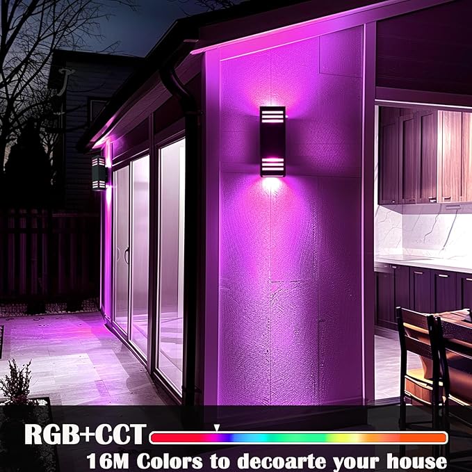 RGB Smart Outdoor Wall Lights, 2 Pack Front Porch Light Fixtures, Square Color-Changing Wall Sconce with E26 Base, IP65 Waterproof Up and Down Lights with APP/Voice/Remote Control.