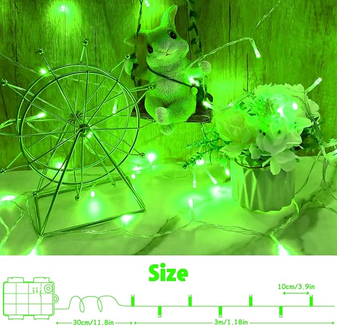 String Lights Outdoor Waterproof 9.8ft 30 LED, Green Battery Operated Halloween Lights with Timer Clear Wire for Indoor & Outdoor Christmas Halloween St.Patric Decorations Garland Party Garden 2 Packs