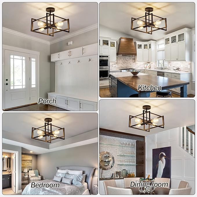 ZGLAOJT 4-Lights Close to Ceiling Light，Black Light Fixture Industrial Flush Mount Ceiling Light ，Farmhouse Chandelier Lighting for Kitchen Island Dining Room Bedroom Foyer Hallway